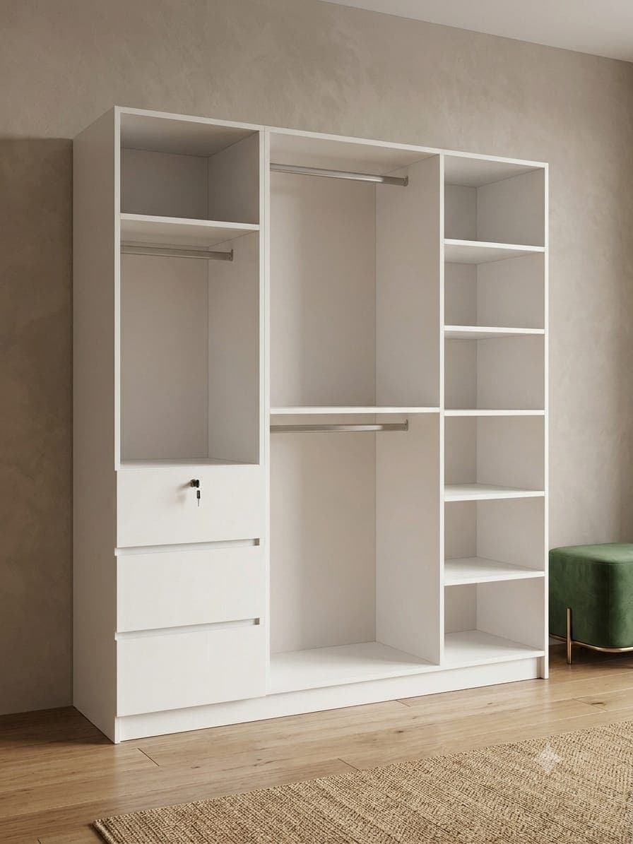 Closet abierto con gaveta con llave y repisas
